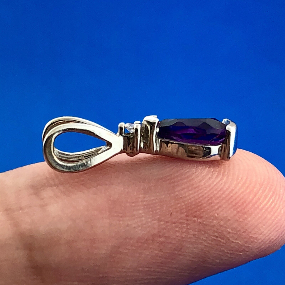 Designer AE 14K White Gold Amethyst Diamond February Occasion Teardrop Pendant