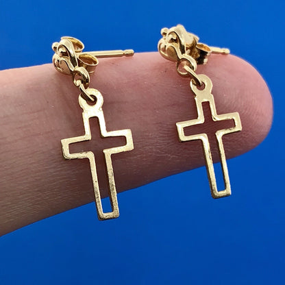 Retro 14K Yellow Gold Cross Cutout Religious Communion Dangle Stud Earrings