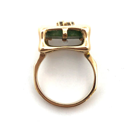 Designer 14K Yellow Gold Green Square Jade Diamond Modernist Statement Ring