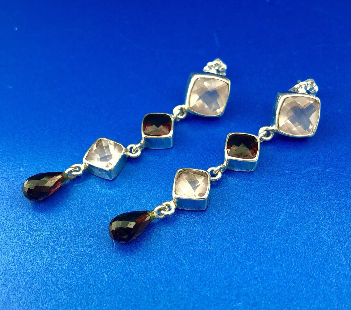 Sterling Silver 925 Garnet Rose Quartz January Drop Dangle Statement Earrings