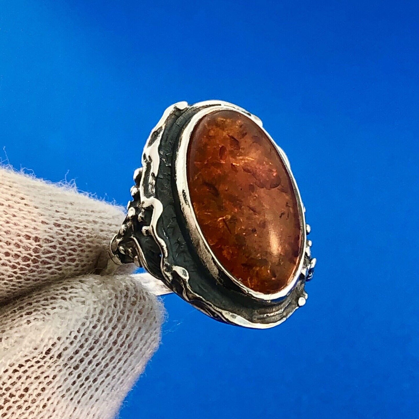 Stunning Sterling Silver 925 Oval Cabochon Amber Floral Finger Ring Size 8.75