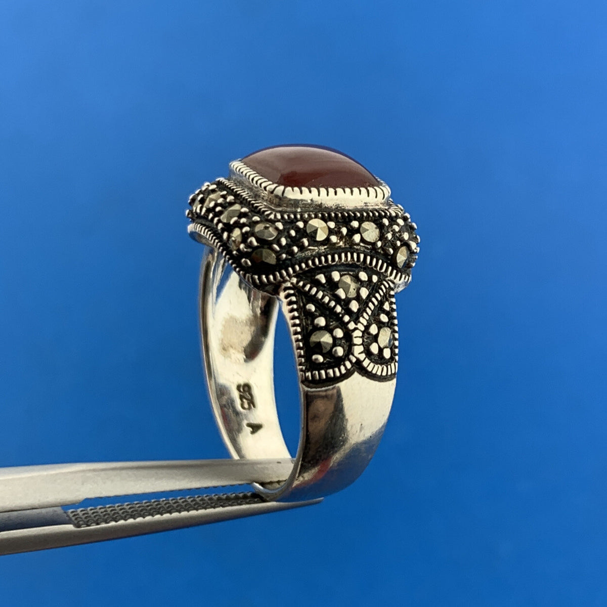 Designer 925 Sterling Silver Red Carnelian Marcasite Square Dome Ring