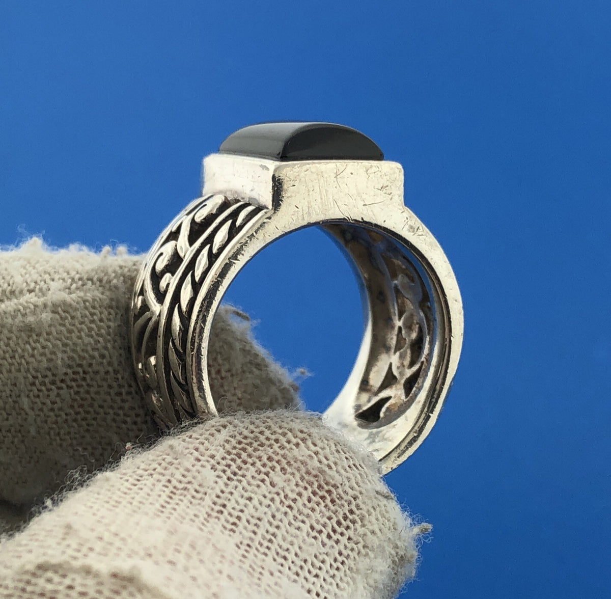 SILPADA Black Onyx Filigree Scroll Sterling Silver Wide Band Statement Ring