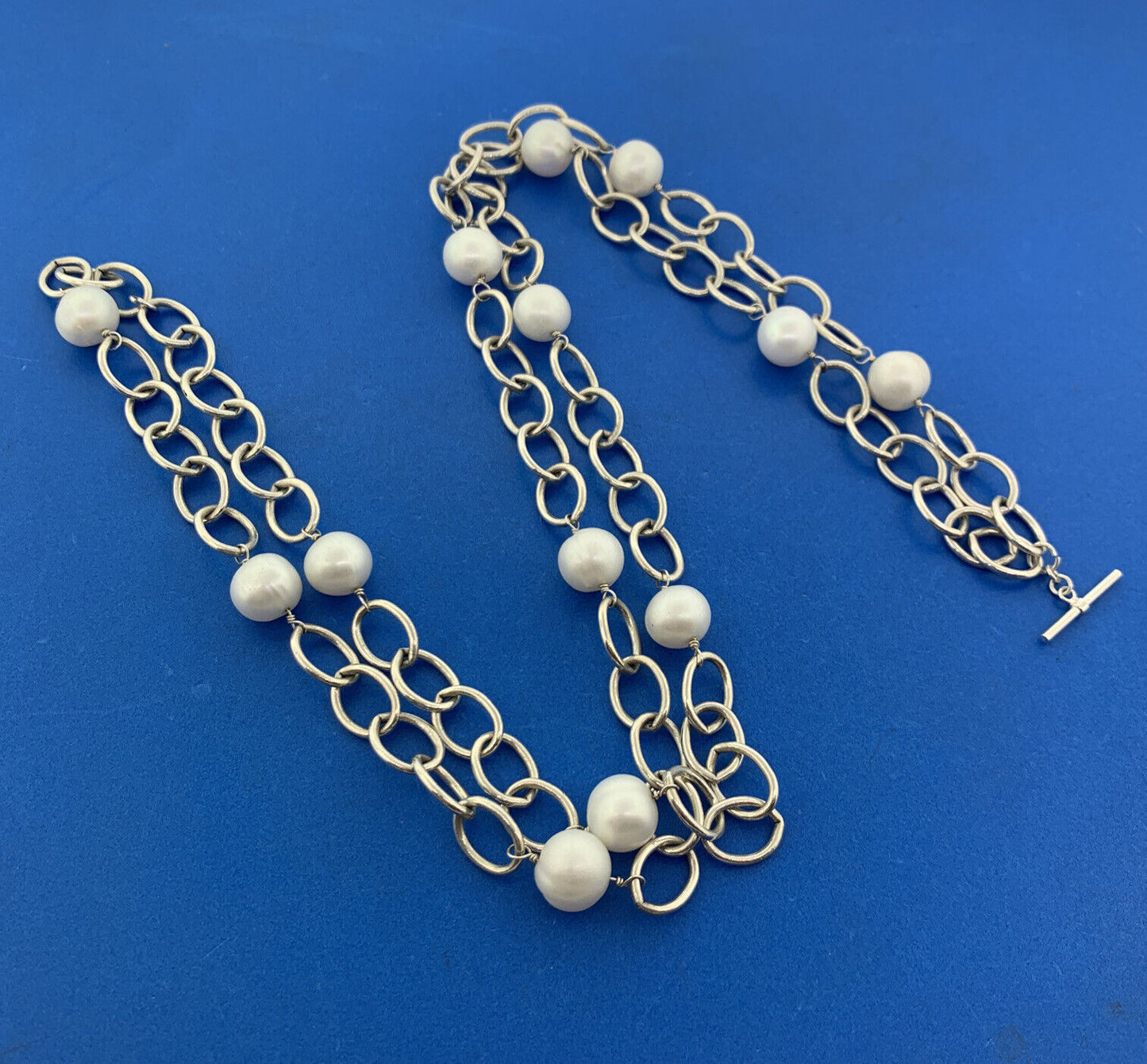 925 Sterling Silver Baroque Pearl Oval Link Double Chain Toggle Necklace