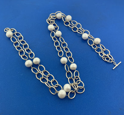 925 Sterling Silver Baroque Pearl Oval Link Double Chain Toggle Necklace