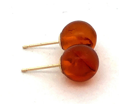 Estate 14K Yellow Gold Round Orange Amber Ball Solitaire Stud Earrings