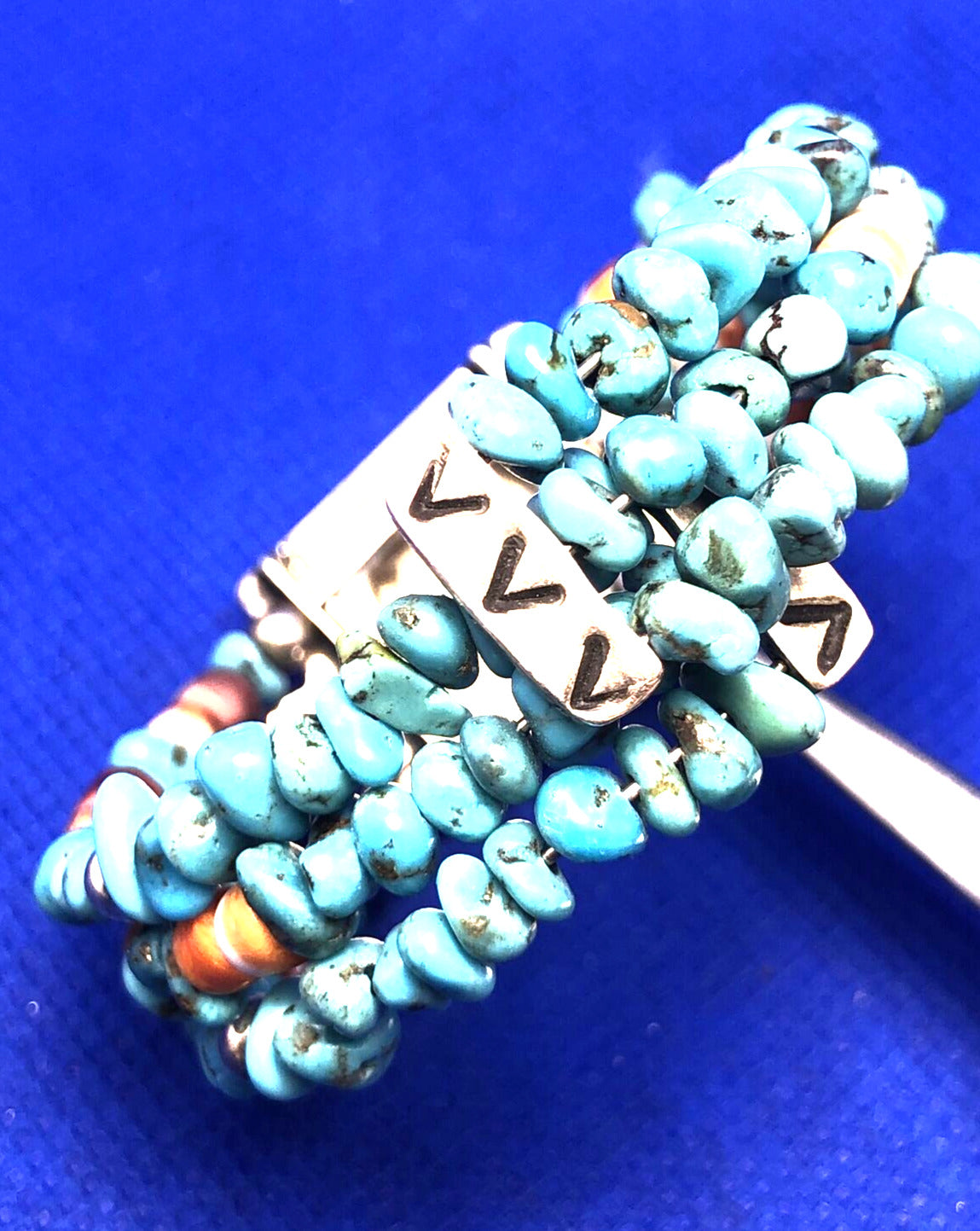 Native American Signer 925 Sterling Silver Turquoise & Shell Beaded Bracelet