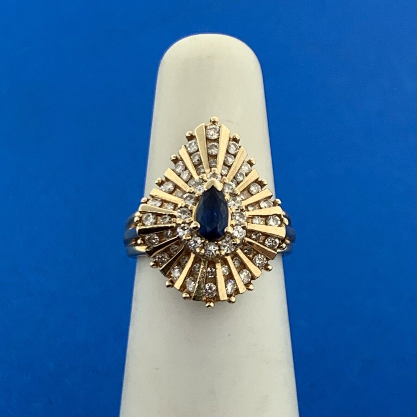Designer 14K Yellow Gold Sapphire Diamond Cluster Statement Cocktail Ring