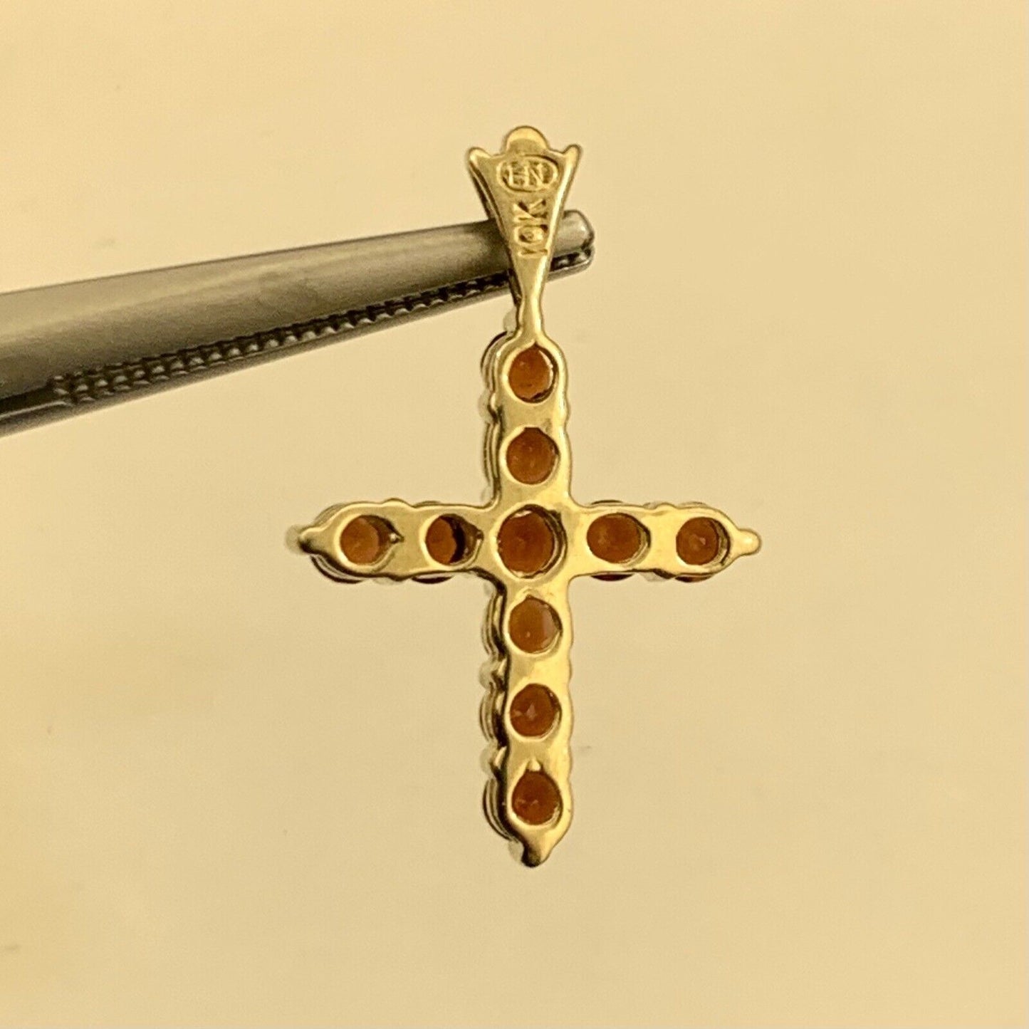 Designer HN 10K Yellow Gold Round Red Garnet Petite Cross Pendant