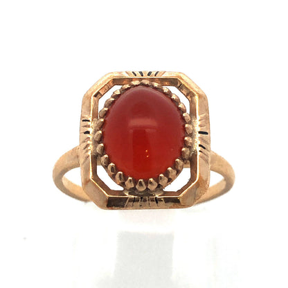 Vintage Designer 10K Yellow Gold Oval Red Carnelian Cabochon Ring