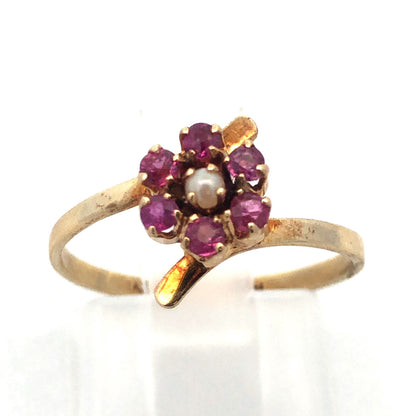 Vintage 14K Yellow Gold Ruby Pearl Flower Cluster July Sweetheart Bypass Ring