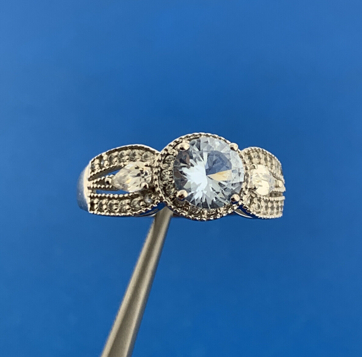 925 Sterling Silver Blue Spinel White Cubic Zirconia Halo Cocktail Ring