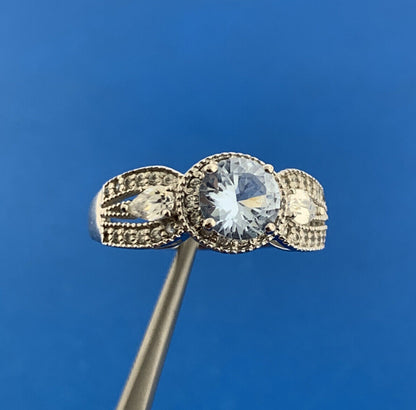 925 Sterling Silver Blue Spinel White Cubic Zirconia Halo Cocktail Ring