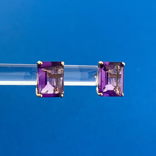 CID 14K Yellow Gold Amethyst Rectangle February Statement Stud Earrings
