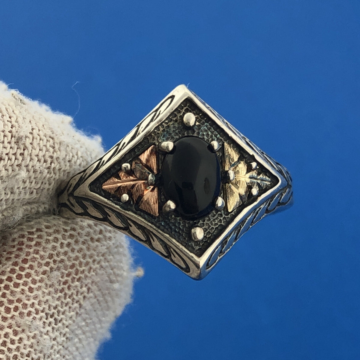 Sterling Silver CCO Coleman Black Onyx Ring with 12k Rose & Yellow Leaf Design