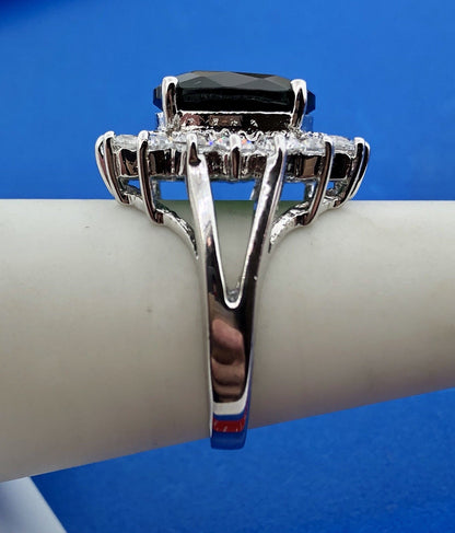 Retro Sterling Silver 925 Green White CZ Statement Fashion Cocktail Ring