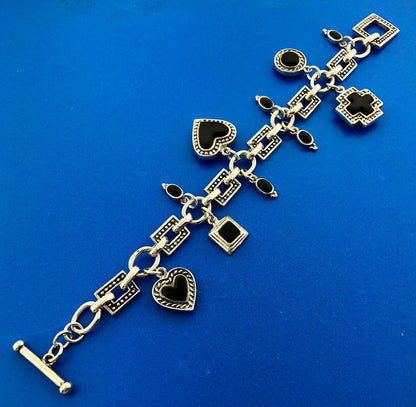 Vintage Mexico 925 Sterling Silver Black Onyx Heart Cross Toggle Charm Bracelet