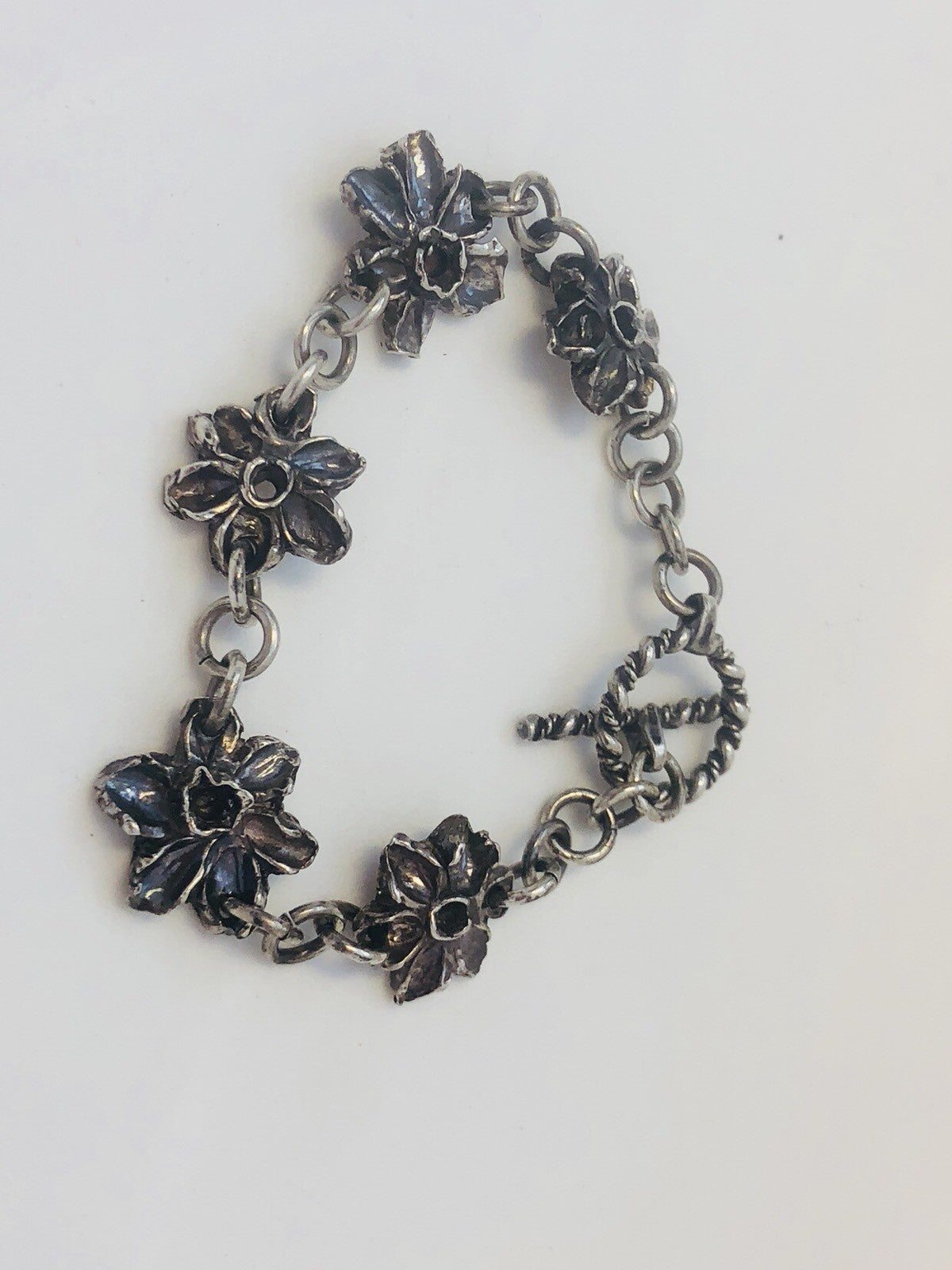 Native American Signed Sterling Silver 925 Flower Panel Toggle Bracelet