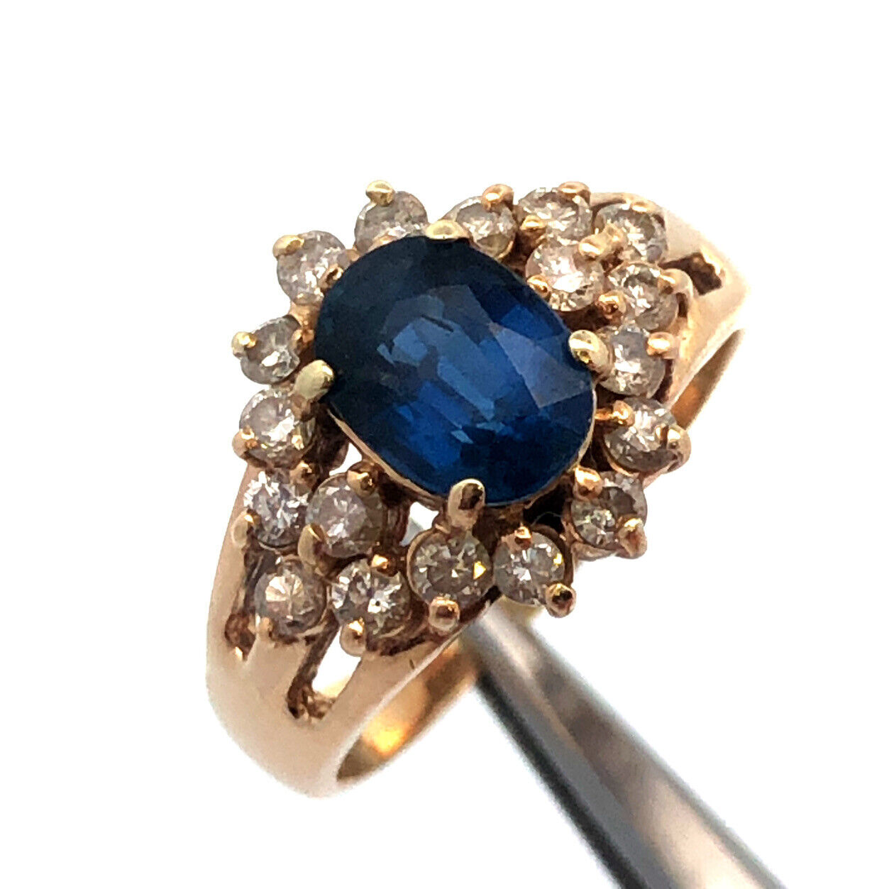 Vintage 14K Yellow Gold Oval Blue Sapphire Round Diamond Halo Anniversary Ring