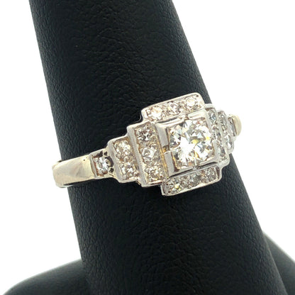 Vintage Art Deco 14K White Gold Miners Cut Diamond w/Accents Engagement Ring