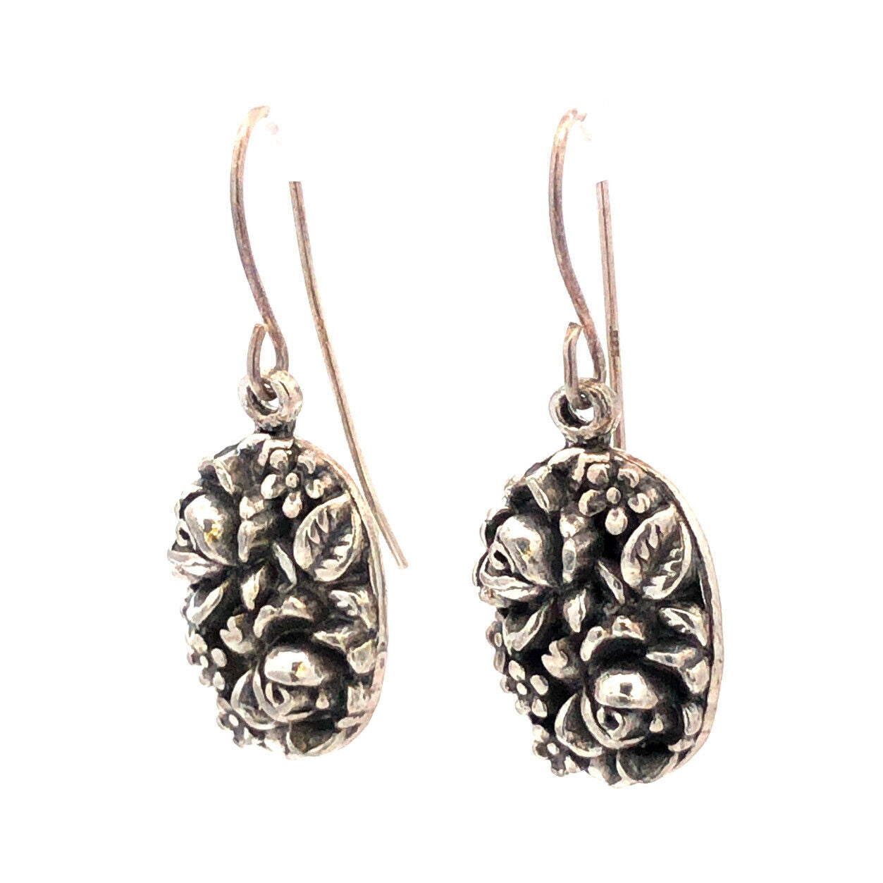 Vintage 925 Sterling Silver Oval 3D Floral Flowers Leaves Dangle Hook Earrings