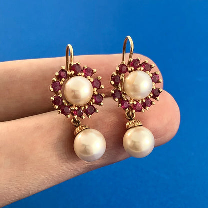 Vintage 14k Yellow Gold Round Cut Red Ruby White Pearl French Hook Earrings