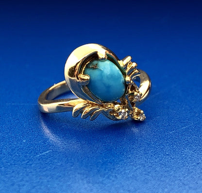 Vintage 14K Yellow Gold Diamond Turquoise Free Form Cocktail Ring