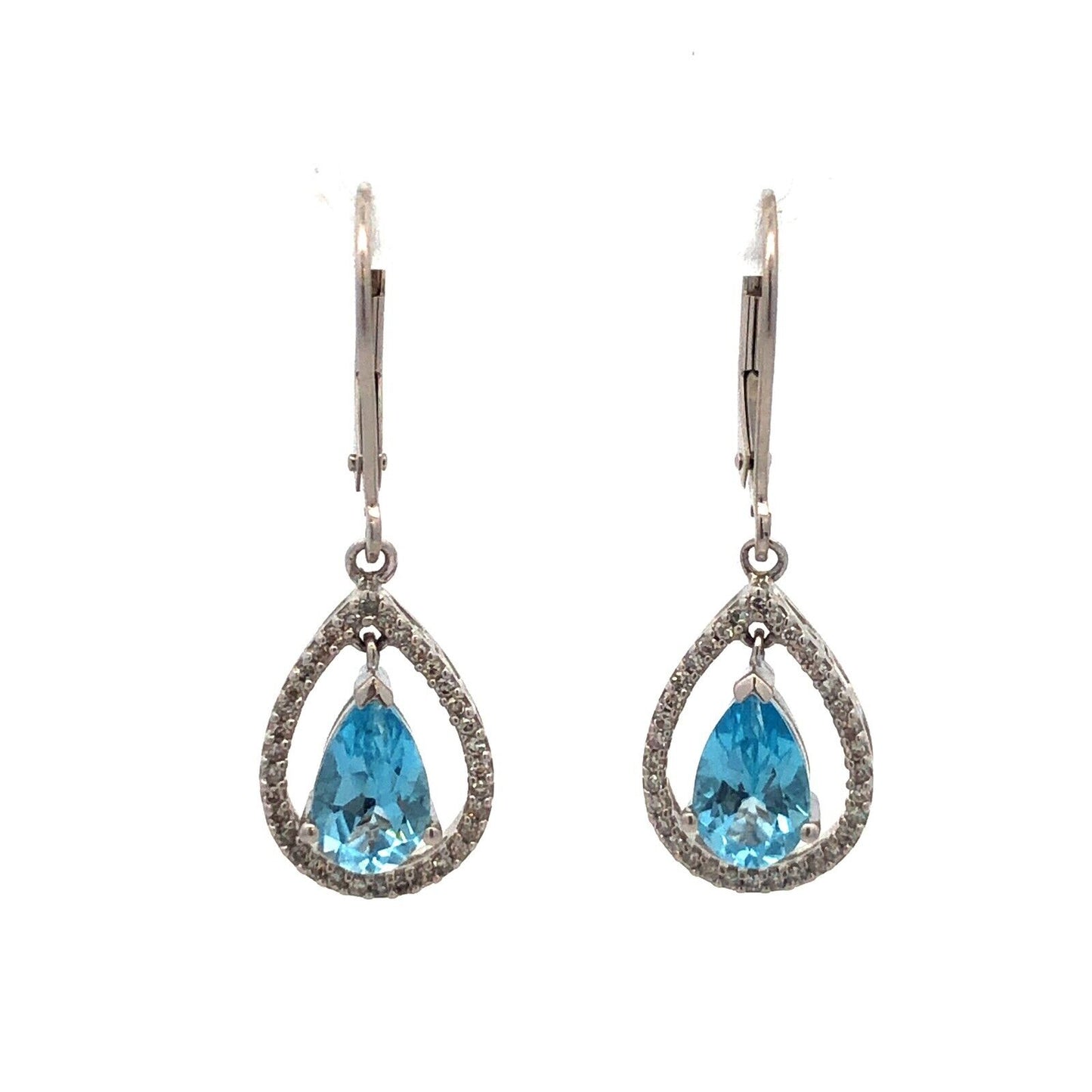 14k White Gold Pear Blue Topaz with Pave Diamond Halo Drop Dangle Earrings