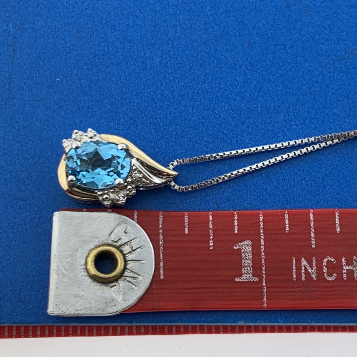 Designer Sterling Silver 10K Yellow Gold Blue Topaz Solitaire Diamond Necklace