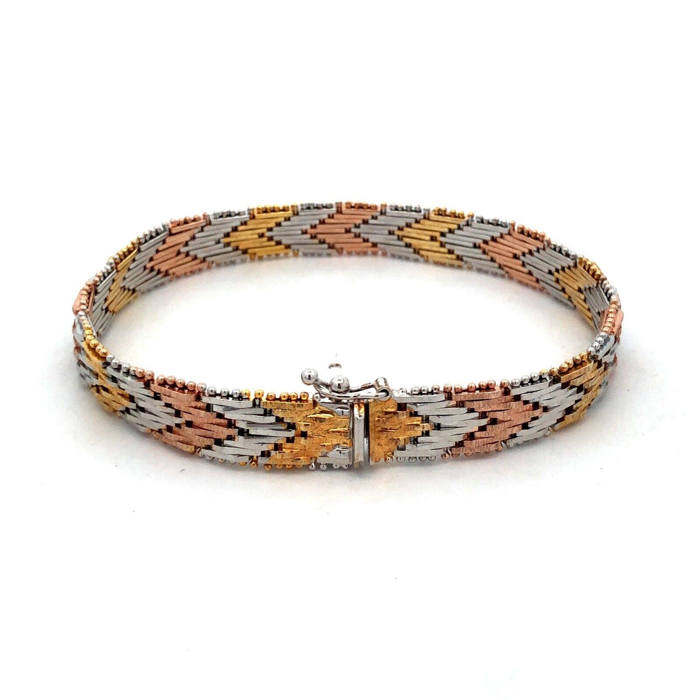 Italy Sterling Silver Gold Rose Gold Vermeil Tri-Color Chevron Chain Bracelet