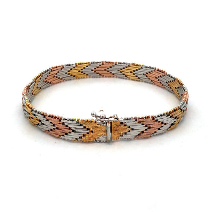 Italy Sterling Silver Gold Rose Gold Vermeil Tri-Color Chevron Chain Bracelet