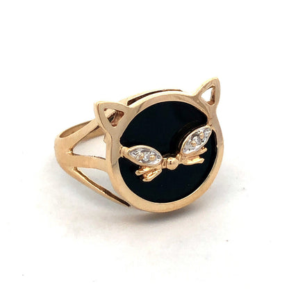 Designer 10K Yellow Gold Round Black Onyx White Topaz Cat Pet Ring