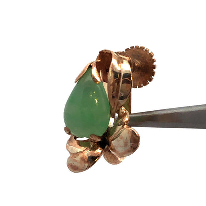 Vintage 14K Yellow Gold Pear Green Jade Cabochon Floral Screw Back Earrings