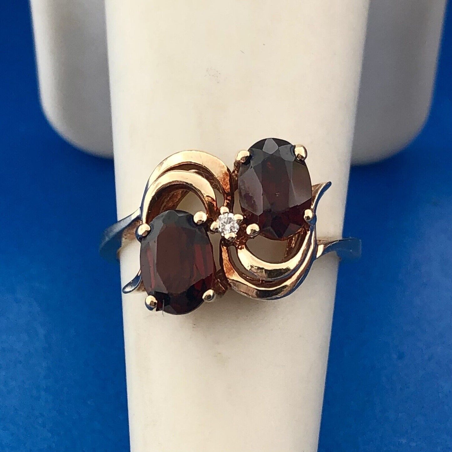 Retro Designer 10K Yellow Gold Garnet Diamond January Anniversary Bypass Ring
