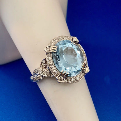 Lovely 18K White Gold Swiss Blue Topaz Diamond Halo December Statement Ring