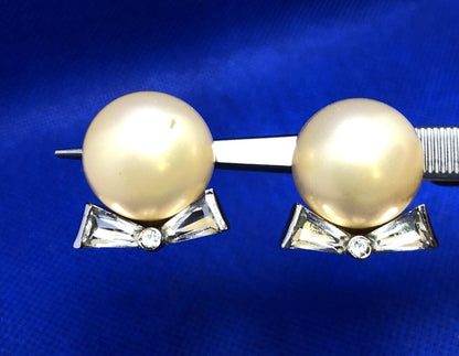 Mid Century Marvella Silver Tone Faux Pearl Rhinestone Bow Clip On Earrings