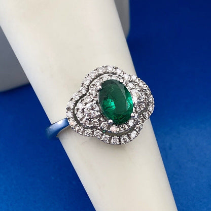 Stunning 18K White Gold Emerald Diamond Triple Halo May Anniversary Ring Size 6