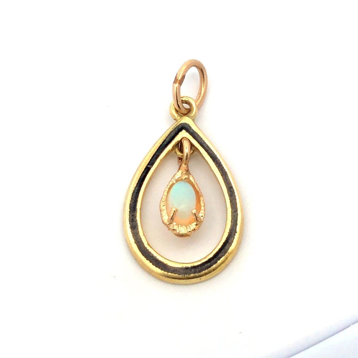 Modernist 14K Yellow Gold Oval Opal Teardrop Cutout Black Enamel Dangle Pendant