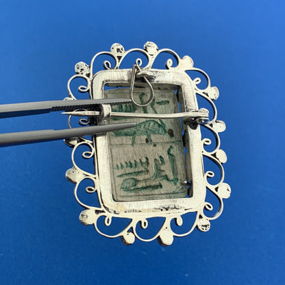 Antique 925 Sterling Silver Carved Scrimshaw Rectangle Open Work Pendant Brooch