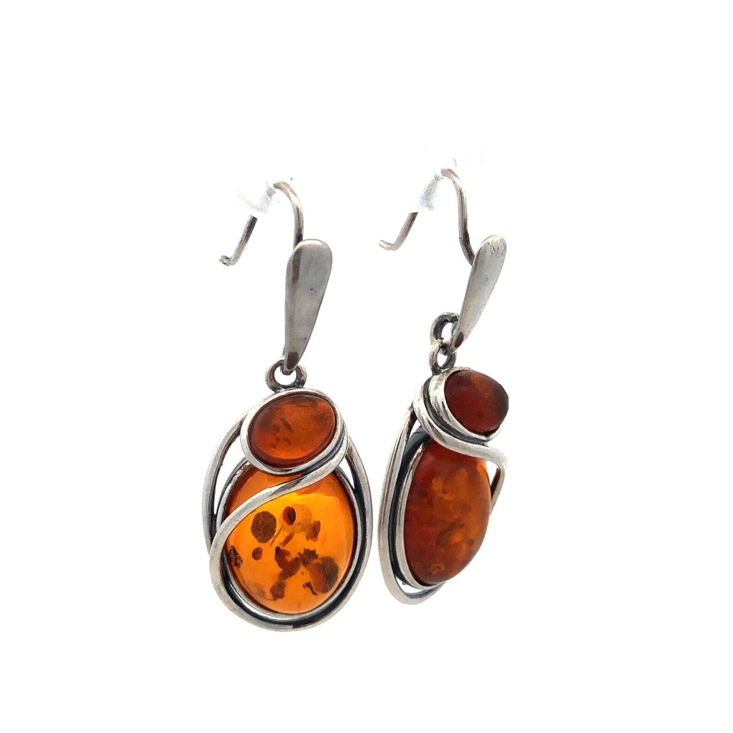 Estate Vintage 925 Sterling Silver Amber Cabochon Modernist Dangle Drop Earrings