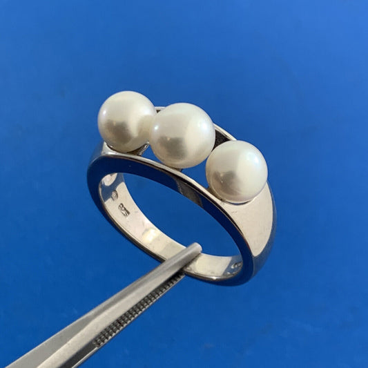 Designer 925 Sterling Silver White Pearl Trio Cocktail Ring