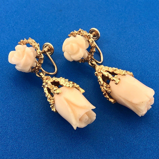 Mid Century 14K Yellow Gold Carved Pink Coral Rose Flower Dangle Screw Earrings