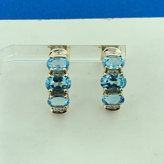 Designer 10K Yellow Gold Oval Blue Topaz Diamond Accented Half Hoop Earrings