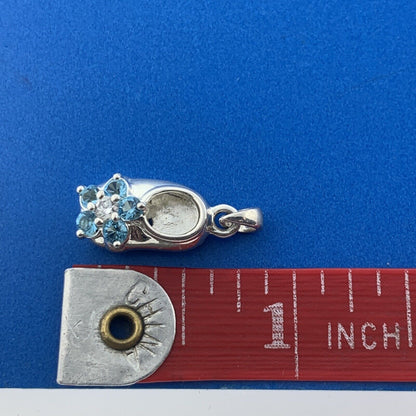 Silver Toned Round Blue White Sparkling CZ Child's Floral Shoe Dangle Pendant