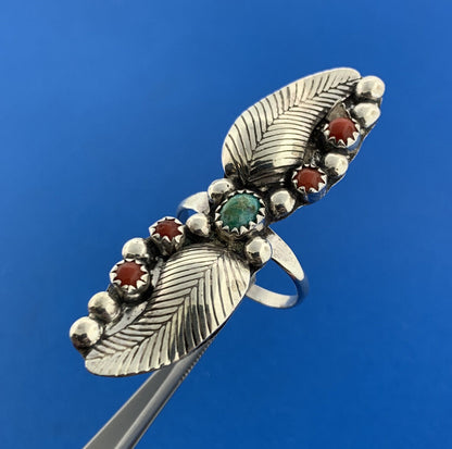 Lovely Sterling Silver 925 Cabochon Turquoise Coral Twin Leaf Finger Ring Size 8