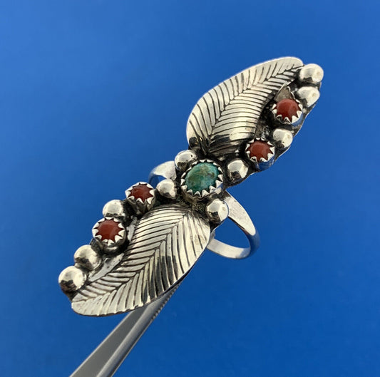 Lovely Sterling Silver 925 Cabochon Turquoise Coral Twin Leaf Finger Ring Size 8