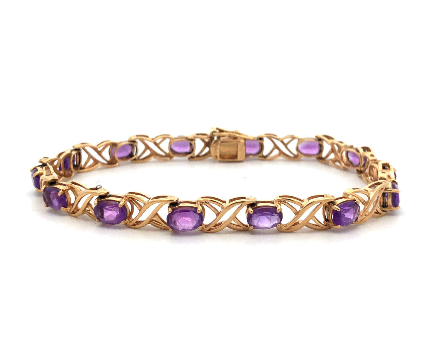 14K Solid Yellow Gold Oval Cut Amethyst X and O Design Tennis Bracelet
