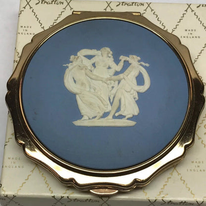 Vintage Stratton Of England Blue WedgeWood Maids Dancing Gold Tone Compact