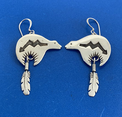 Native American Sterling Silver Concho Bear Feather Drop Storyteller Earrings