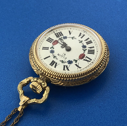 Elgin Gold Tone Ornate 17 Jewels Ladies Floral Pendant Watch With Chain Fob/Box